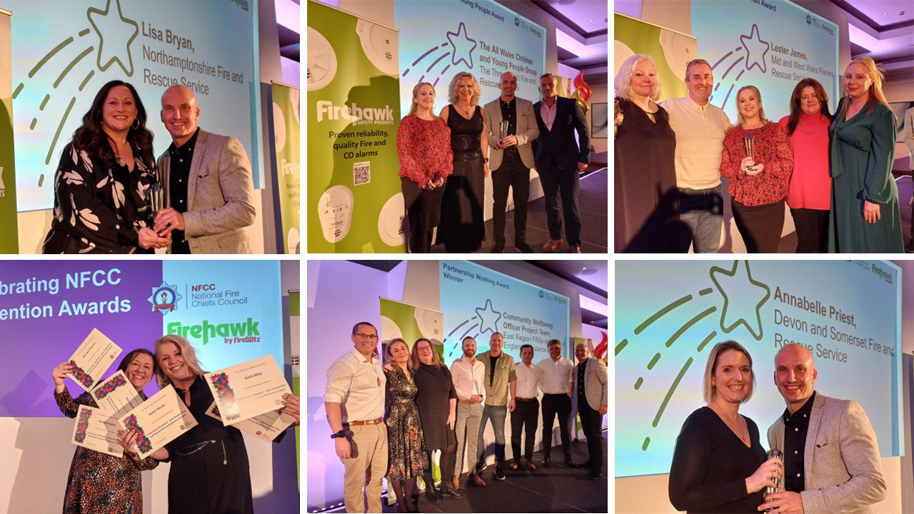 A montage of images showing the award winners standing on stage in front of the awards screen at the conference